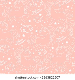 Seamless pattern with white contour unicorns, clouds and lettering believe in a unicorn on pink background. Vector illustration for party, print, wallpaper, design, linen, dishes, bed linen, apparel