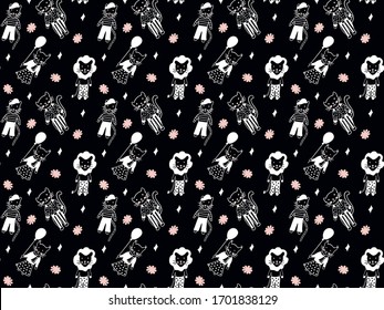 Patrón transparente de contorno blanco tigres jóvenes, leones, globos de limón, gatos con mejillas rosadas, hombros y manchas rosadas sobre un fondo negro. Dibujo a mano al estilo escandinavo. Vector.