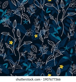 Seamless pattern with white contoured flowers, herbs and leaves on a dark background. Flat vector pattern.