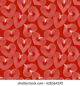 Seamless pattern with white contours of hearts on a red backgrounds. Vector eps 10.