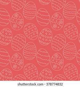 Seamless pattern with white contours of patterned Easter eggs on a red background. Vector eps10.