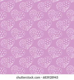 Seamless pattern with white contours of patterned hearts on a lilac background. Vector eps 10. 