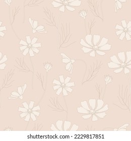 Seamless pattern of white cosmea flowers. Vector space floral botanical flowers. Black and white ink engraving. Seamless background pattern.
