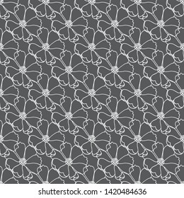 Seamless pattern with white cosmos flowers on black background.