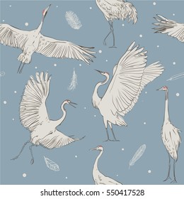 seamless pattern with white cranes