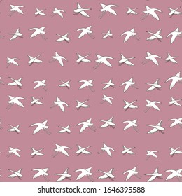 Seamless pattern white cranes swans, herons birds fly, pink coral rosy sky, simple lines scandinavian style background. trend of the season. Can be used for Gift wrap fabrics, wallpapers. Vector 