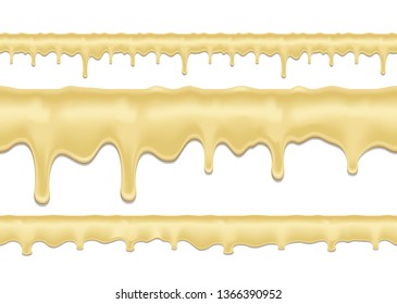 Seamless pattern. White cream chocolate. 3d realistic vector drips of cream.