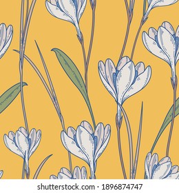 Seamless pattern with white crocuses