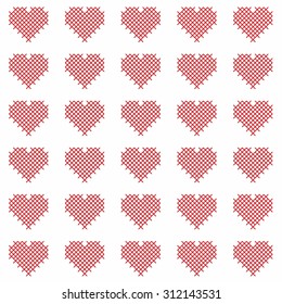 Seamless pattern of white cross stitch heart on red background