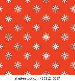 Padrão sem costura com flocos de neve brancos com pontos de cruz sobre um fundo vermelho