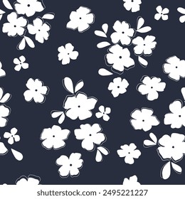 Seamless pattern of white cute abstract silhouettes of meadow flowers and leaves. Hand drawn in white on a dark background. Monochrome spring-summer delicate romantic women's print. vector