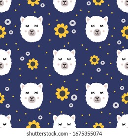 Seamless pattern with white cute alpaca face and sunflowers on dark purple background with dots. Hand drawn animal character in flat style. Wrapping, textile design. Stock vector illustration.