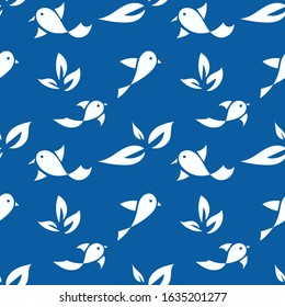 Seamless pattern with white cute birds and leaves on blue background . For fabric, textile, paper and other surface . Two colors Vector Illustration.