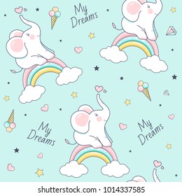 Seamless pattern with white cute elephants. Vector  Illustration
