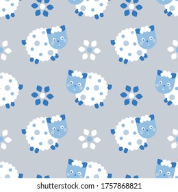 Seamless pattern with white cute sheep and flowers. Vector Flat style