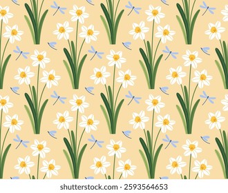 Seamless pattern with white daffodils and dragonflies. Hand drawn vector illustration for wrapping paper, textile, fabric.