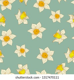 Seamless pattern with white daffodils. Endless texture with white spring flowers on light blue background