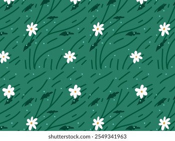 Seamless pattern with white daisies, abstract leaves, and dotted elements on green background. Nature-inspired design for textile, wallpaper, and packaging. Flat vector illustration