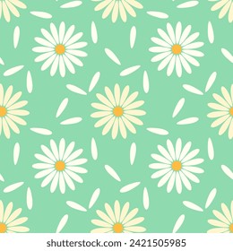 Seamless pattern of white daisies chamomile and white petals on turquoise background.