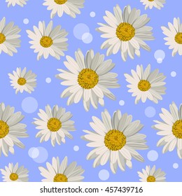 Seamless pattern with white daisies and circles on blue background. Vector illustration.