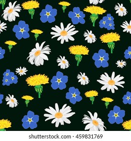 Seamless pattern with white daisies, cornflowers and dandelions on a dark background. Vector illustration
