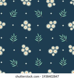 Seamless pattern with white daisies and greenery on a dark blue background. Summer, minimalistic pattern with flowers. Pattern for wrapping paper, stationery, textiles, backgrounds, websites. Vector p