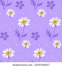 Seamless pattern of white daisies and lilac flowers. Vector illustration on a lilac background for decor and wrapping paper