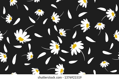 seamless pattern white daisies on a black background