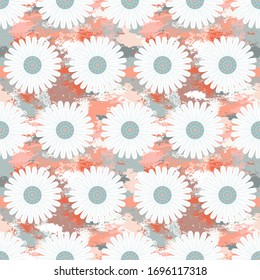 Seamless pattern with white daisies on shape background. Vector illustration. Background of multi-colored pastel colors of spots with different textures, childrens pattern