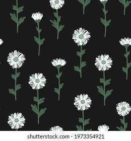 SEAMLESS PATTERN WITH WHITE DAISIES ON A BLACK BACKGROUND IN VECTOR