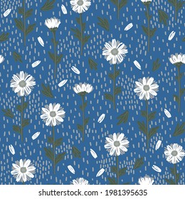 SEAMLESS PATTERN WITH WHITE DAISIES ON A BLUE BACKGROUND IN VECTOR