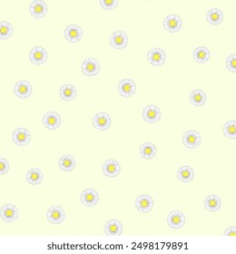 Seamless pattern with white daisies on a soft pastel yellow background, perfect for spring and summer designs, textiles, and wallpapers.