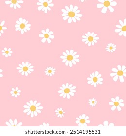 Seamless Pattern of White Daisies on Soft Pink Background.