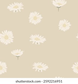 Seamless pattern with white daisies on a beige background. Daisies are evenly spaced, creating a simple, elegant floral design. Perfect for wallpaper or fabric. Vector illustration.