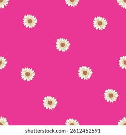 A seamless pattern of white daisies on a vibrant pink background. The close-up shot emphasizes the simple beauty and cheerful vibe, suitable for textile, fashion, or feminine designs.