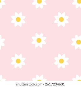 Seamless pattern with white daisies on soft pink background. Cute minimal floral repeat for textile, wrapping or wallpaper design.