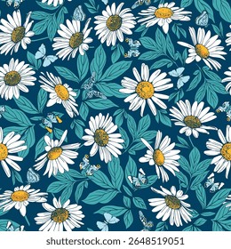 Seamless pattern of white daisies on a blue background design for fabric. Hand drawn vector illustration