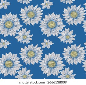 Padrão Perfeito De Margaridas Brancas Em Um Fundo Azul Vibrante, Perfeito Para Têxteis E Design Digital.