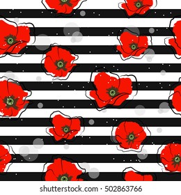 Seamless pattern with white daisies on striped background. Vector illustration.