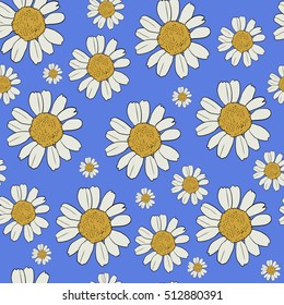 seamless pattern with white daisies on a blue background. background
