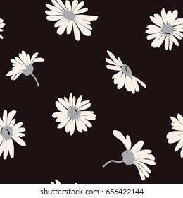 Seamless pattern with white daisies on black background. Vector illustration.