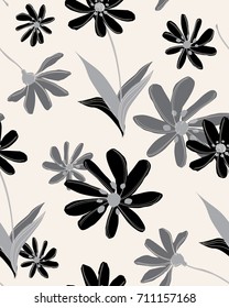Seamless pattern with white daisies on black background. Vector illustration.