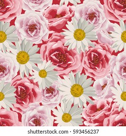 Seamless pattern with white daisies and pink roses. Vector illustration.