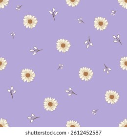 A seamless pattern of white daisies and small leaves on a soft lilac background. The close-up shot emphasizes the delicate beauty and gentle vibe, suitable for textile, fashion, or feminine designs.