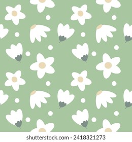 seamless pattern with white daisy or chamomile on green background 
