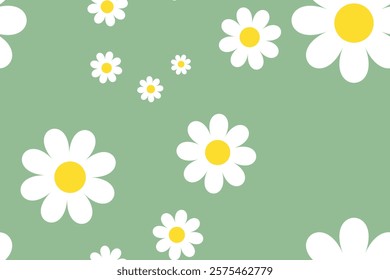 Seamless pattern with White daisy flower on Green backgrounds vector. Cute floral print