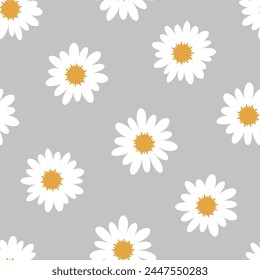 Seamless pattern with white daisy flowers and grey background