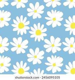 Seamless pattern with white daisy flowers on blue background, Hand-drawn monochrome daisy floral pattern.botanical elements, Ink drawings of wildflowers, herbs, or flowers. vector natural background.
