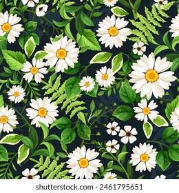 Seamless pattern with white daisy flowers and green leaves. Vector seamless floral print. Hand-drawn illustration, not AI