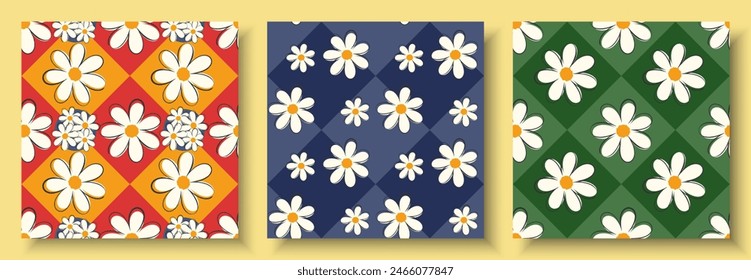 seamless pattern  white daisy flowers on checkered background set. floral print 